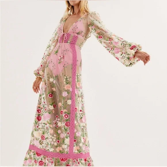 πΈ STUNNING For Love And Lemons π Pink Sheer Floral Maxi (worn less than 2 hours) - Picture 2 of 11